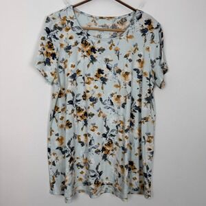 Pure Jill Scoop Neck Elliptical Tee Blue Floral 100% Pima Cotton Size M